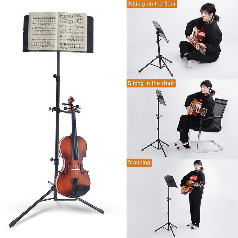 Klvied Portable Folding Sheet Music Stand with Violin Hanger, Black - Image 2